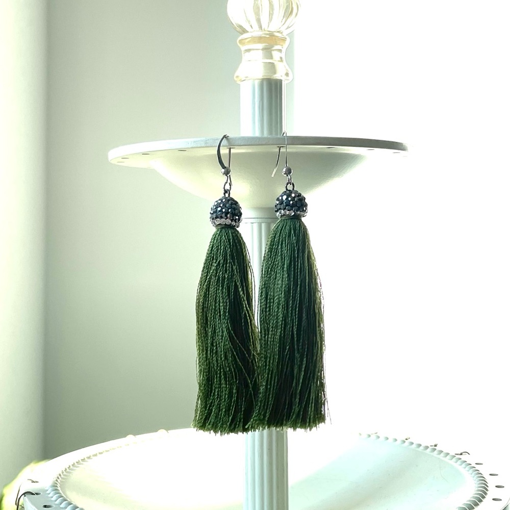 Green Tassel Drop Earrings With Gunmetal Bead